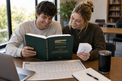 students studying FSI's Study Guide, the "Big Green Book", with the MFT Models Comparison Chart placed on the table and another student holding the MFT Glossary Flashcards