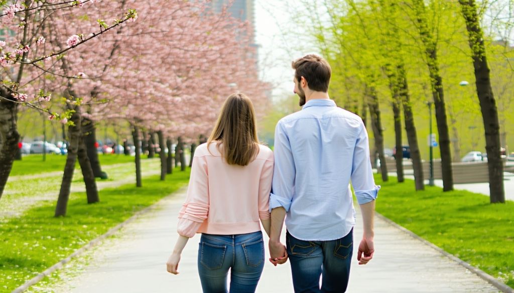 A smiling couple walking hand in hand in a city park in full bloom