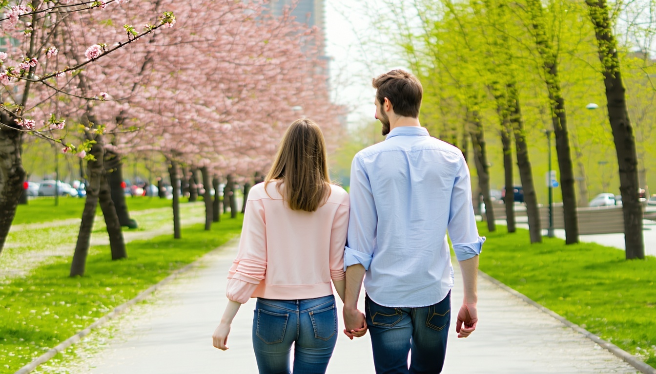 A smiling couple walking hand in hand in a city park in full bloom