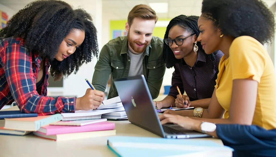 Graduate students studying together at a desk surrounded by books and laptops in a collaborative learning atmosphere