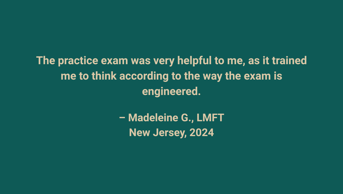Customer feedback on the benefits of FSI practice exams, which are engineered exactly according to the real AMFTRB licensing exam.