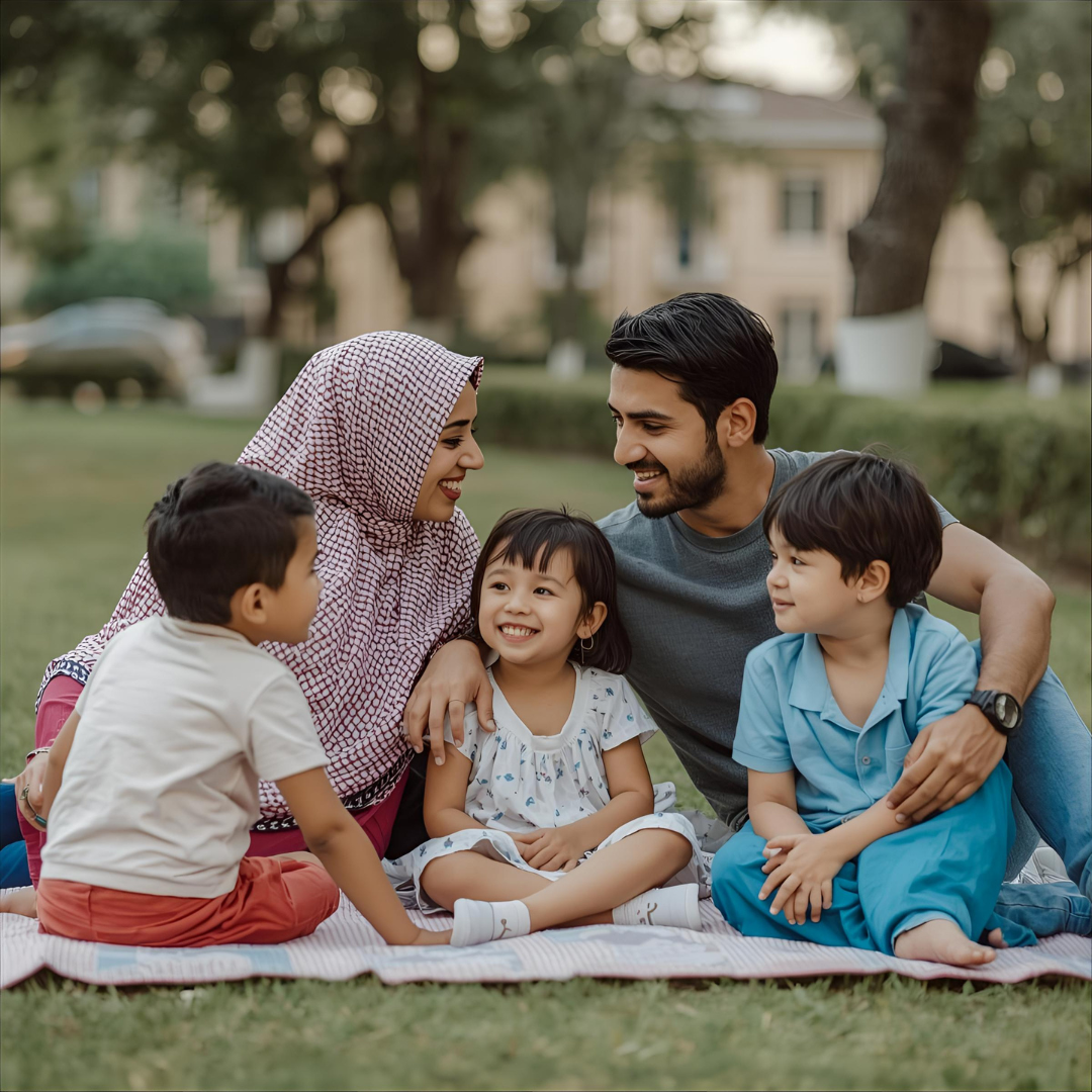 A nuclear family with kids is talking peacefully, demonstrating flexible alliances and a healthy power distribution
