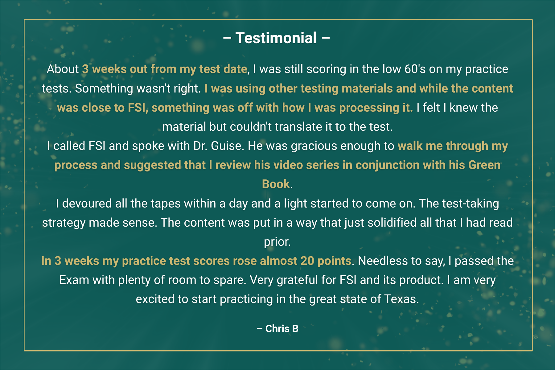 Testimonial graphic sharing a student review about increasing their practice exam scores from the low 60s to high 80s to successfully pass the exam with FSI.