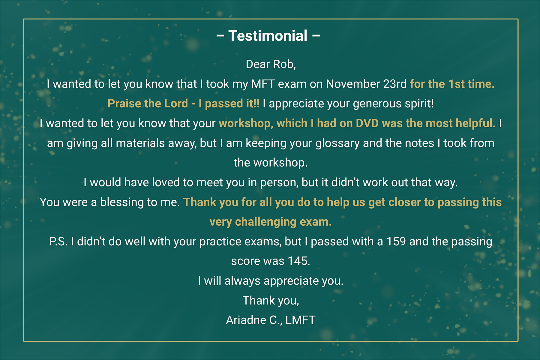 Testimonial graphic featuring a letter to Rob thanking Family Solutions Institute for helping them pass their MFT exam on November 23rd.