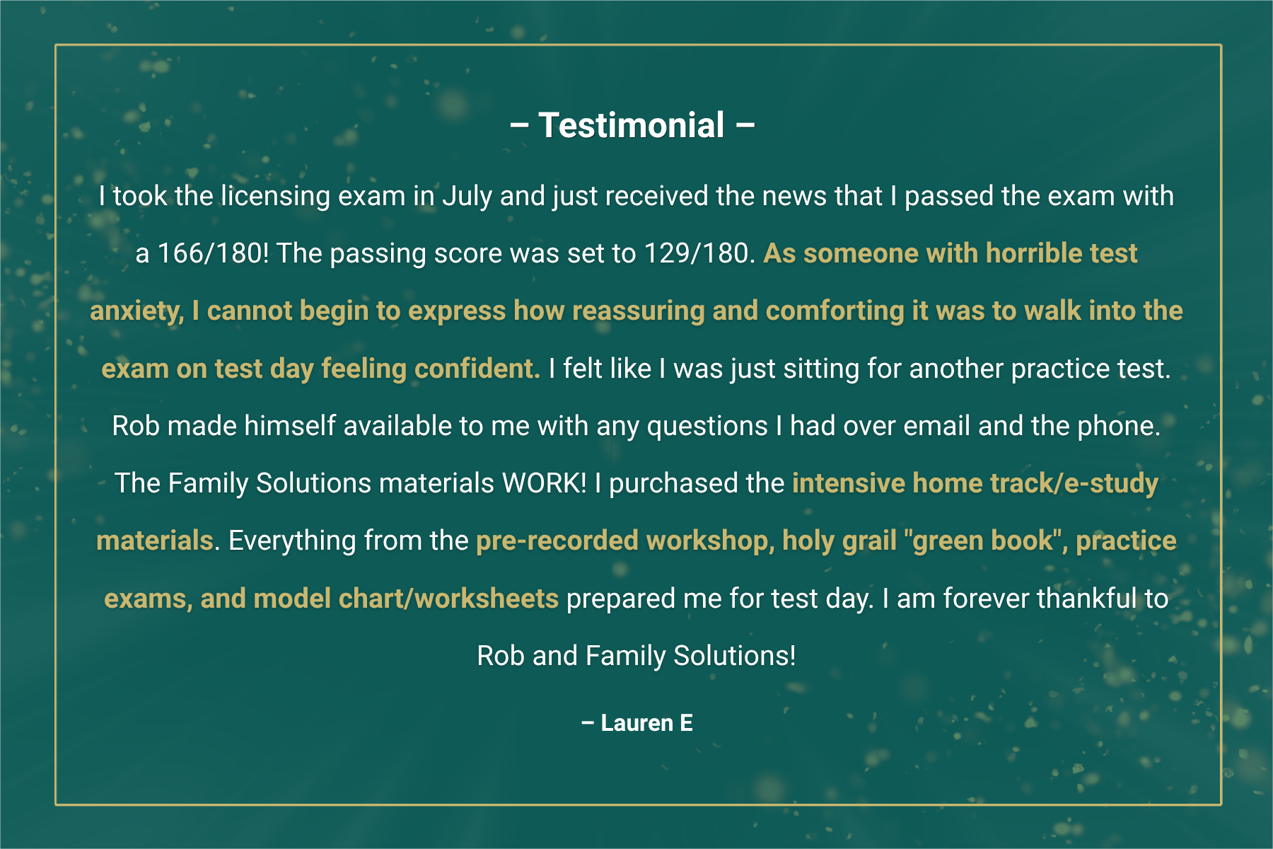 Testimonial graphic featuring a student review celebrating a perfect 129 out of 180 score on the AMFTRB exam after using Family Solutions Institute study materials.