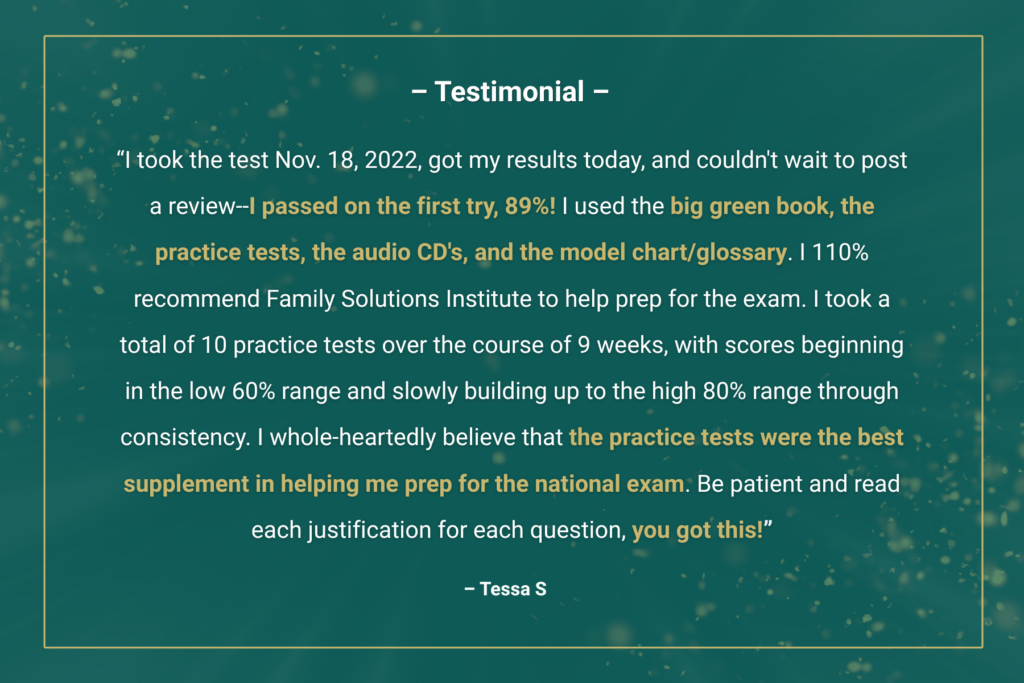 Testimonial graphic featuring a student review stating they passed the AMFTRB exam on their first try with an 89% score using FSI's green book, practice tests, audio CDs, and model chart.