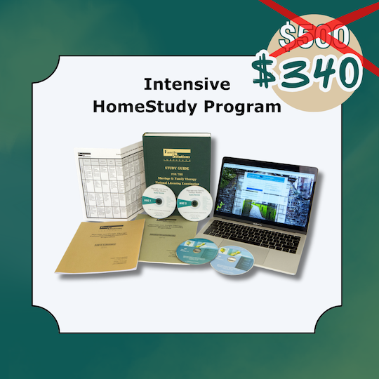Marketing graphic for the Family Solutions Institute Intensive HomeStudy Program, showcasing printed study materials, workshop DVDs, and a laptop displaying online prep tools. A red starburst badge highlights a "$340 Upgrade" special offer.