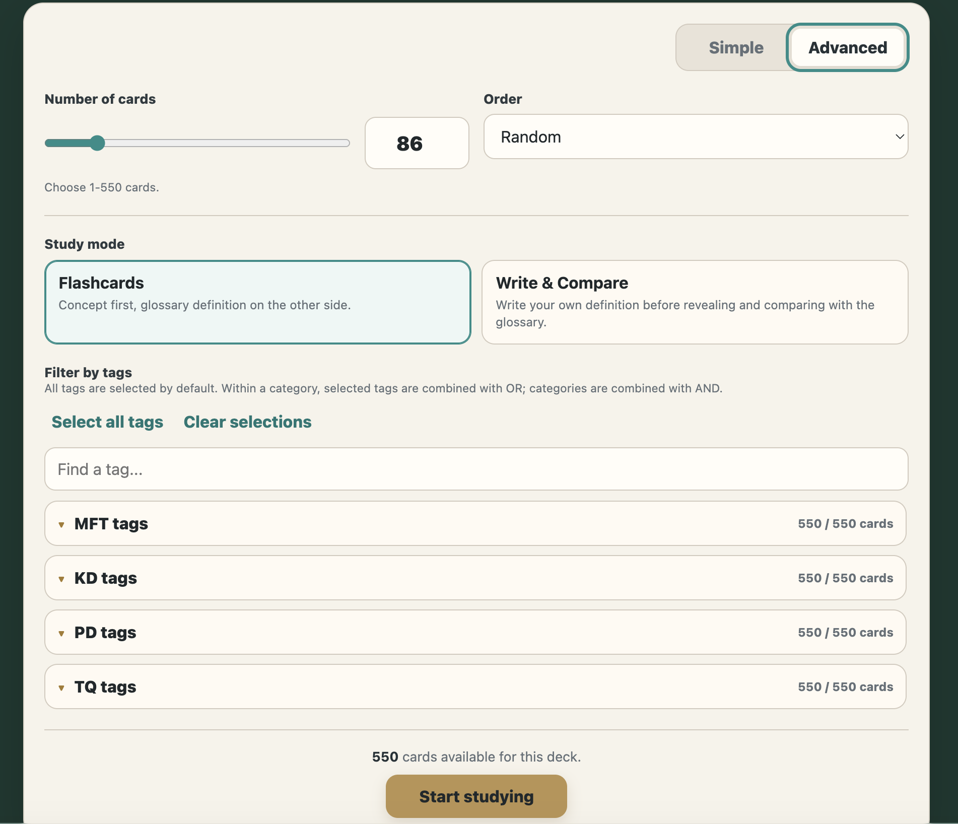 Screenshot preview of the MFT Glossary Flashcard Study Deck digital interface, showing advance interactive study controls