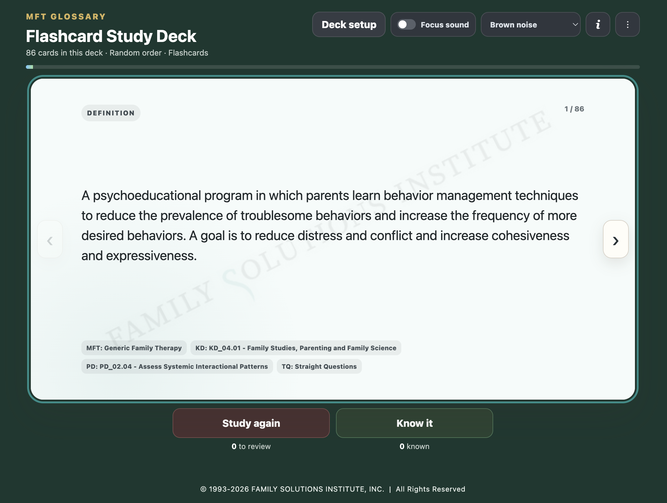 Screenshot preview of the MFT Glossary Flashcard Study Deck digital interface, showing a sample definition