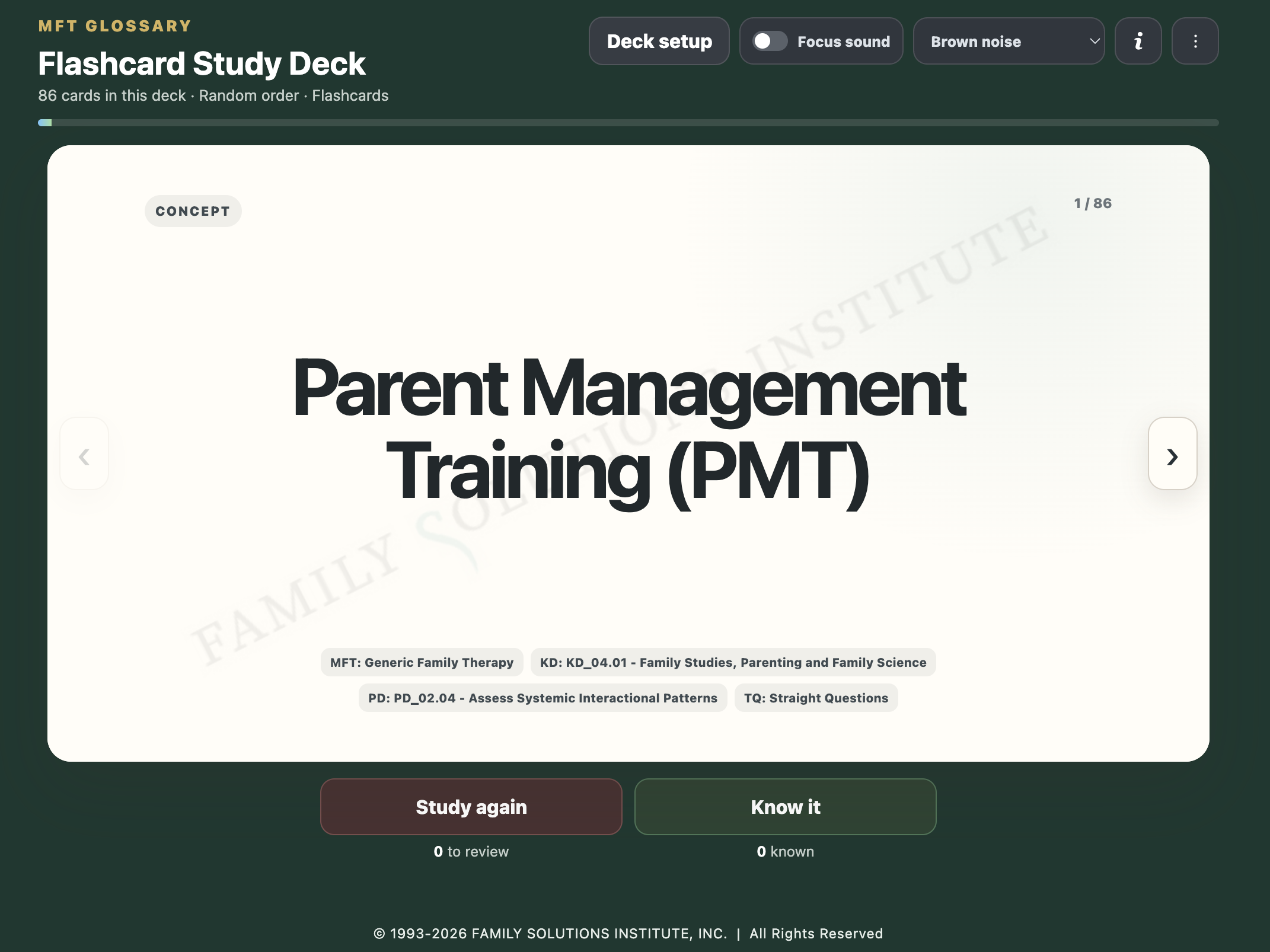 Screenshot preview of the MFT Glossary Flashcard Study Deck digital interface, showing a sample term