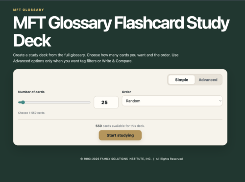 Screenshot preview of the MFT Glossary Flashcard Study Deck digital interface, showing simple interactive study controls