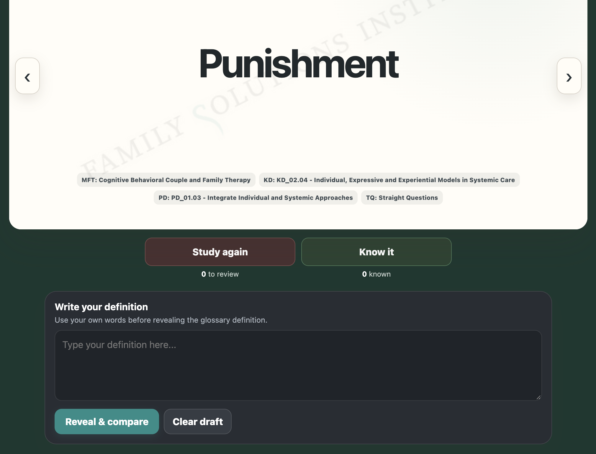 Screenshot preview of the MFT Glossary Flashcard Study Deck digital interface, showing the "Write and Compare" mode